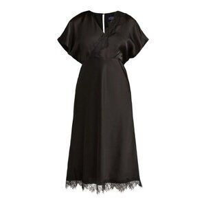 NWOT, SZ M, Satin Midi Dress w/ Eyelash Lace Trim, Black